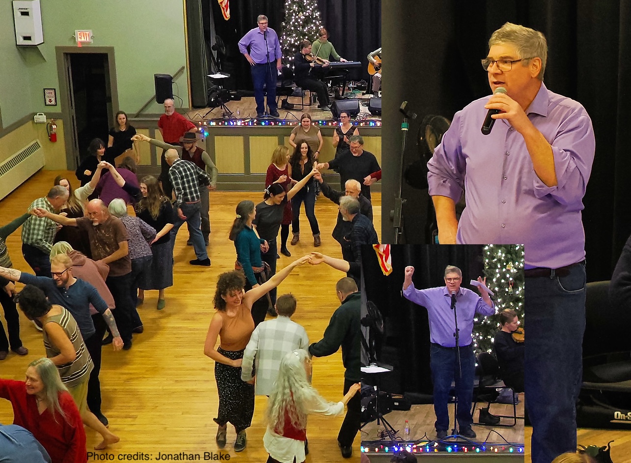 Montage of Don Stratton calling a contra dance